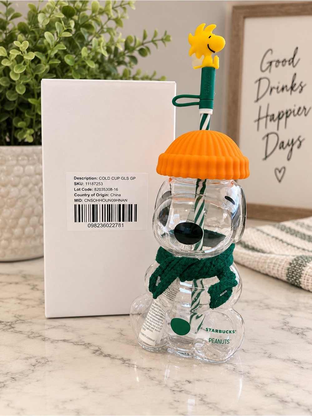 Starbucks Clear Bear Cup with Orange Lid, Green Scarf and Yellow Topper